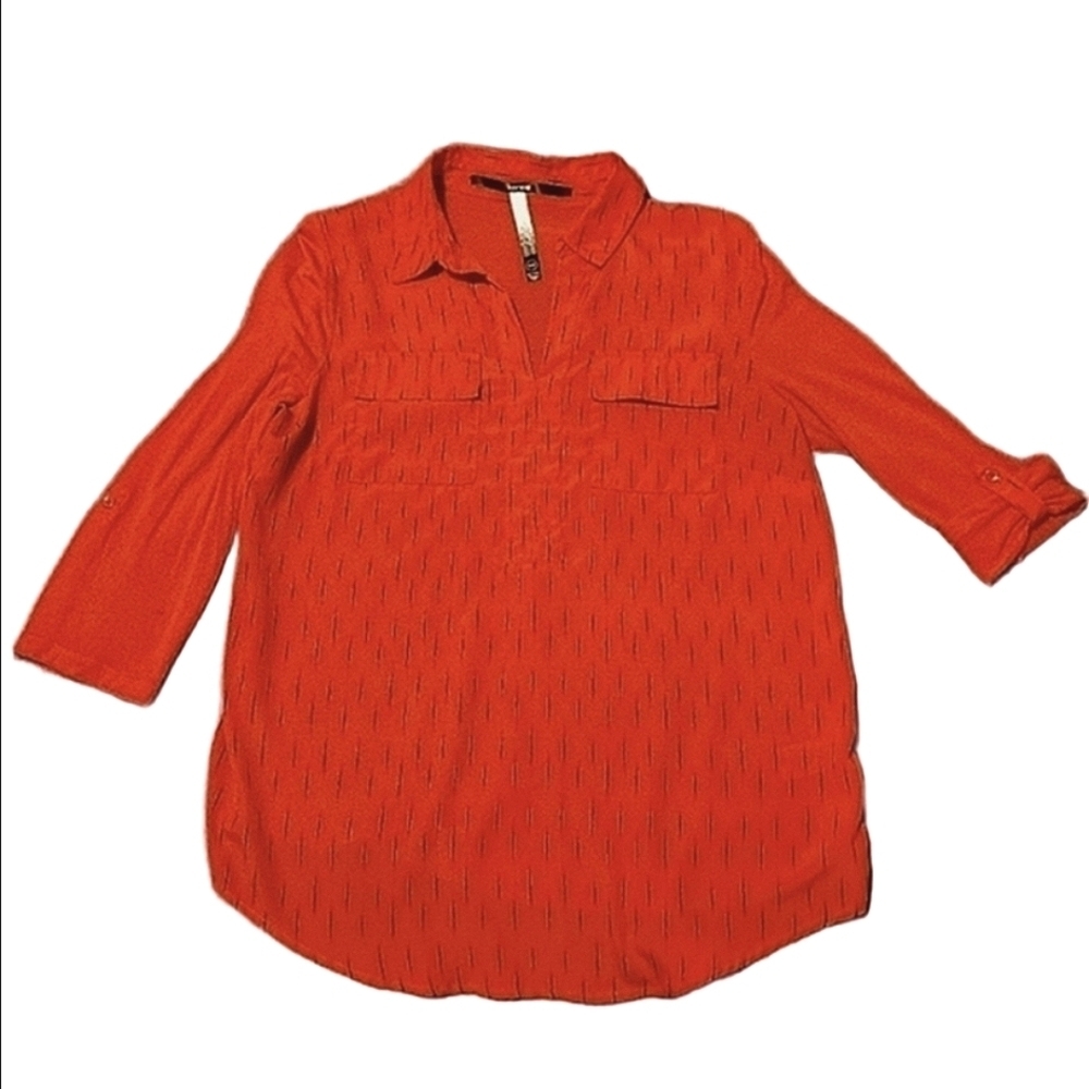 Kensie Boho Ikat Blouse Dash Print Roll Tab Sleeves V-Neck Flap Pockets Red EUC